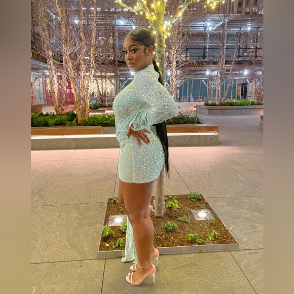 Light Blue sequined one shoulder mesh back shirt “Princess Treatment”Event Dress - Picture 3 of 4